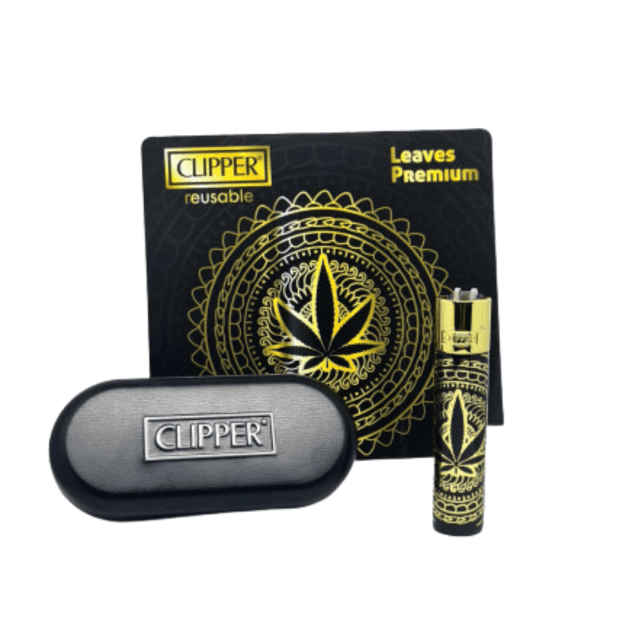 Accendino Clipper Leaves Premium in metallo con design foglie naturale - Confezione regalo