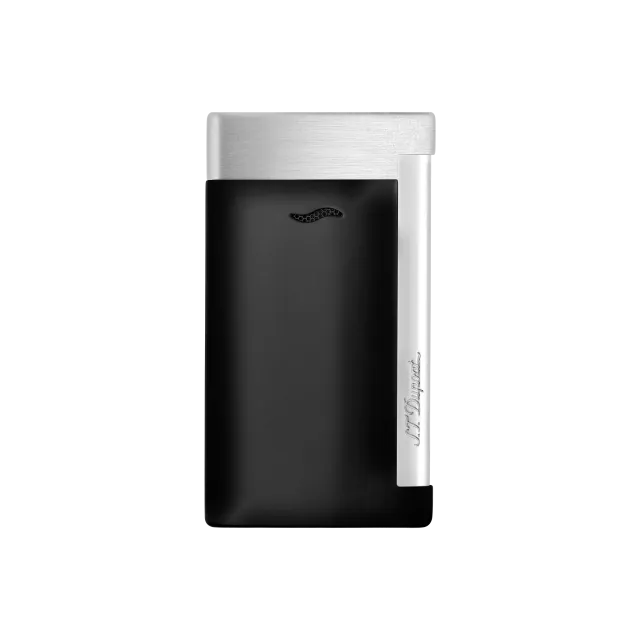 S.T. Dupont Slim 7 Matte Black accendino ultra-sottile con fiamma a torcia blu e finitura nero opaco/cromato spazzolato.