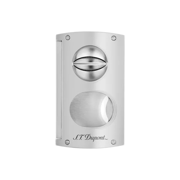 Tagliasigari S.T. Dupont Chrome con doppia lama e lama V-CUT; finitura cromata, design ergonomico.