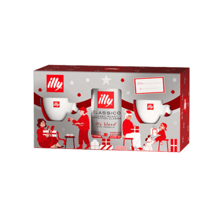 1 barattolo di caffè macinato tostato classico per espresso e 2 tazzine espresso con piattino disegnate da matteo thun